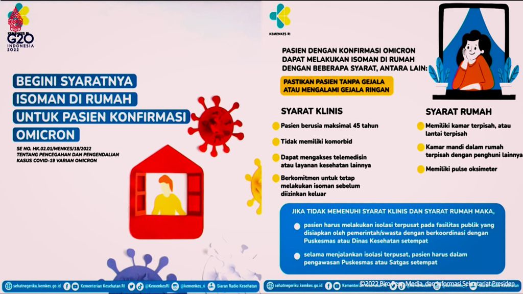 Paparan mengenai syarat isolasi mandiri di rumah yang disampaikan Juru Bicara Pemerintah dan Duta Adaptasi Kebiasaan Baru Reisa Broto Asmoro dalam keterangan persnya di Kantor Presiden, Jakarta, Rabu (9/2/2022).