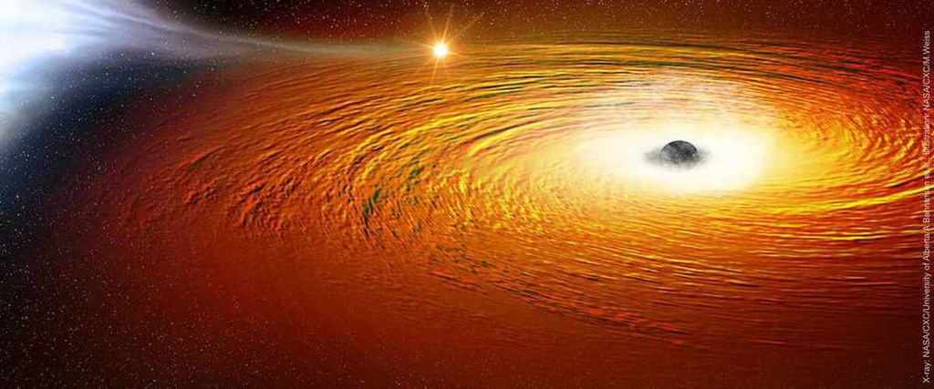 Gambaran artistik tentang bintang muda dan masif (bulatan terang tengah atas) yang mengelilingi lubang hitam di pusat galaksi Bimasakti Sagittarius A* (bulatan hitam kanan tengah).