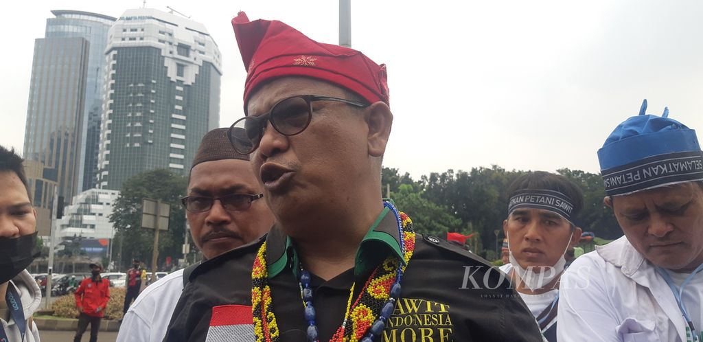 Ketua Umum Dewan Pimpinan Pusat Apkasindo Gulat Manurung dalam unjuk rasa di kawasan Monas, Jakarta Pusat, Selasa (17/5/2022).