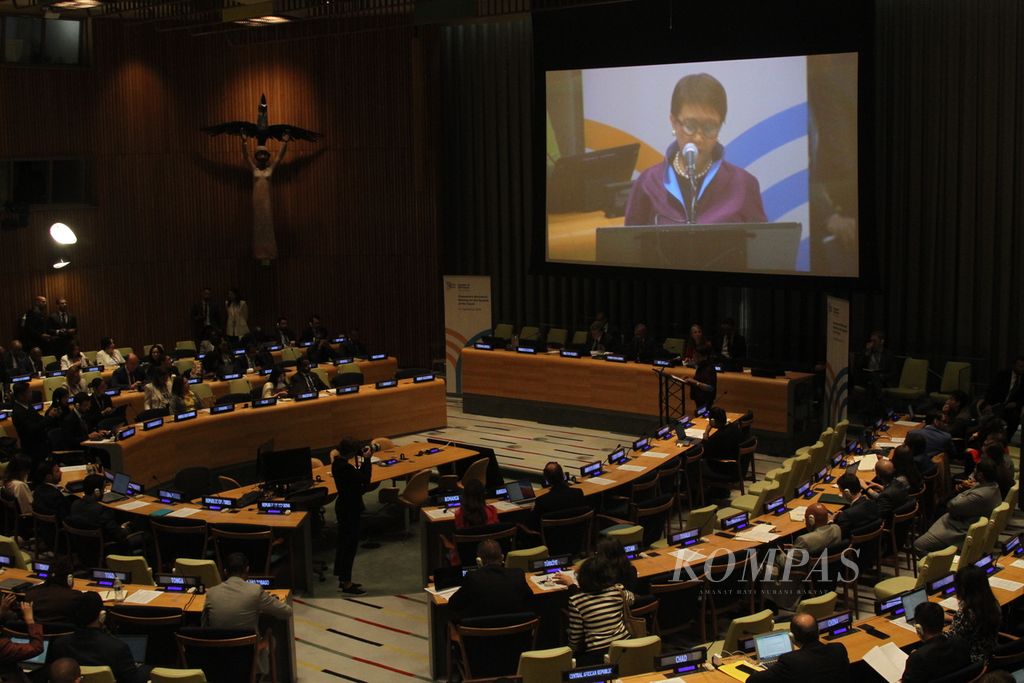 Menteri Luar Negeri Retno Marsudi menyampaikan pidato pada Pertemuan Tingkat Menteri Persiapan Summit of the Future (SoTF) di sela-sela High Level Week Sidang Ke-78 Majelis Umum PBB di New York, Amerika Serikat, Kamis (21/9/2023).