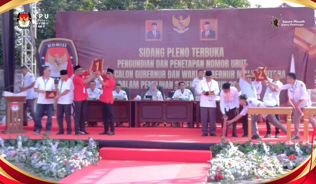 Suasana sidang pleno terbuka penetapan nomor urut calon gubernur-wakil gubernur Maluku Utara di Sofifi, Maluku Utara, Senin (23/9/2024).