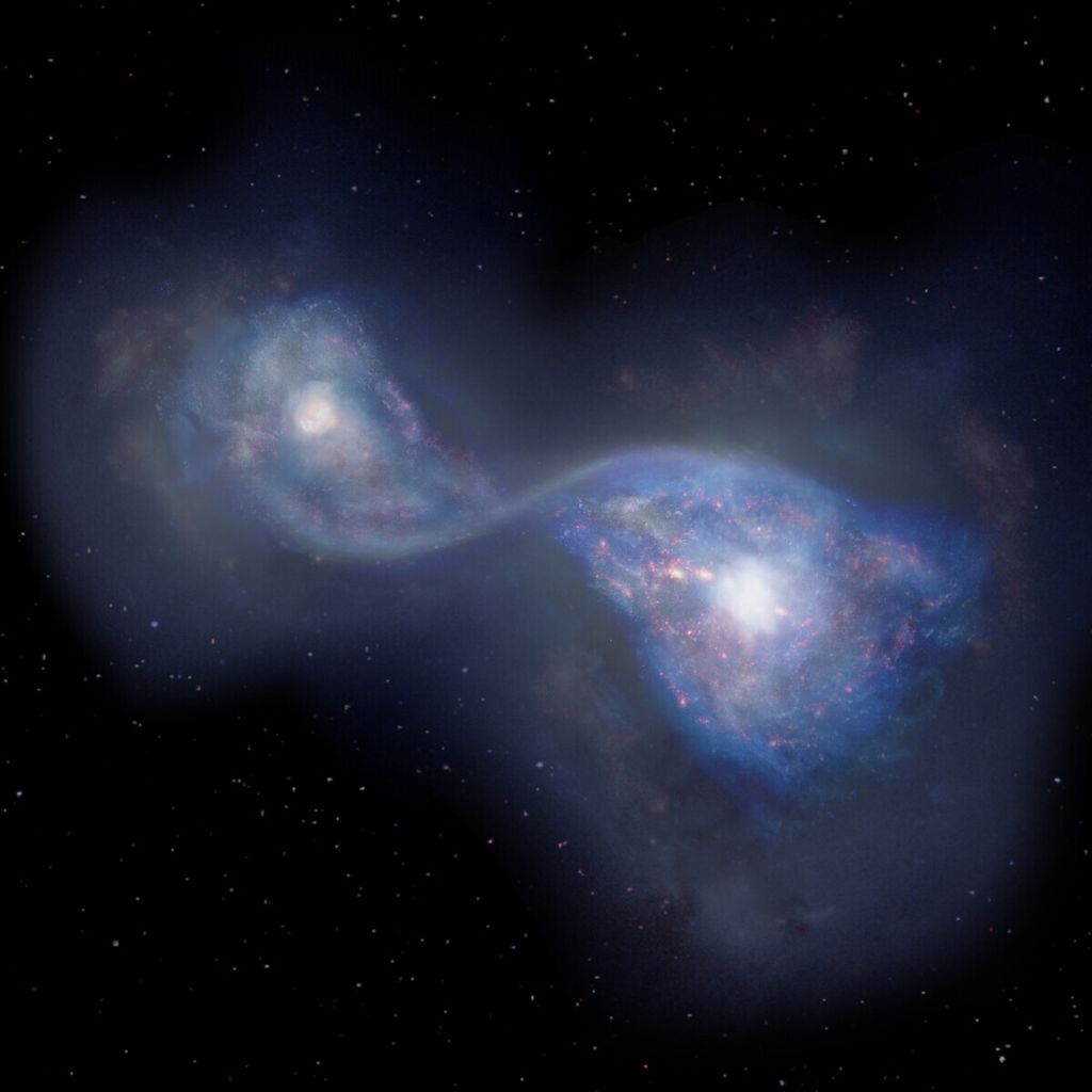 Citra artis yang menggambarkan tabrakan antara dua galaksi hingga membentuk galaksi baru yang dinamakan B14-65666. Galaksi ini berjarak 13 miliar tahun cahaya dari Bumi dan terletak di arah rasi Sextans. Tabrakan itu terjadi saat alam semesta masih berumur muda, kurang dari 1 miliar tahun sejak Dentuman Besar atau Big Bang terjadi.