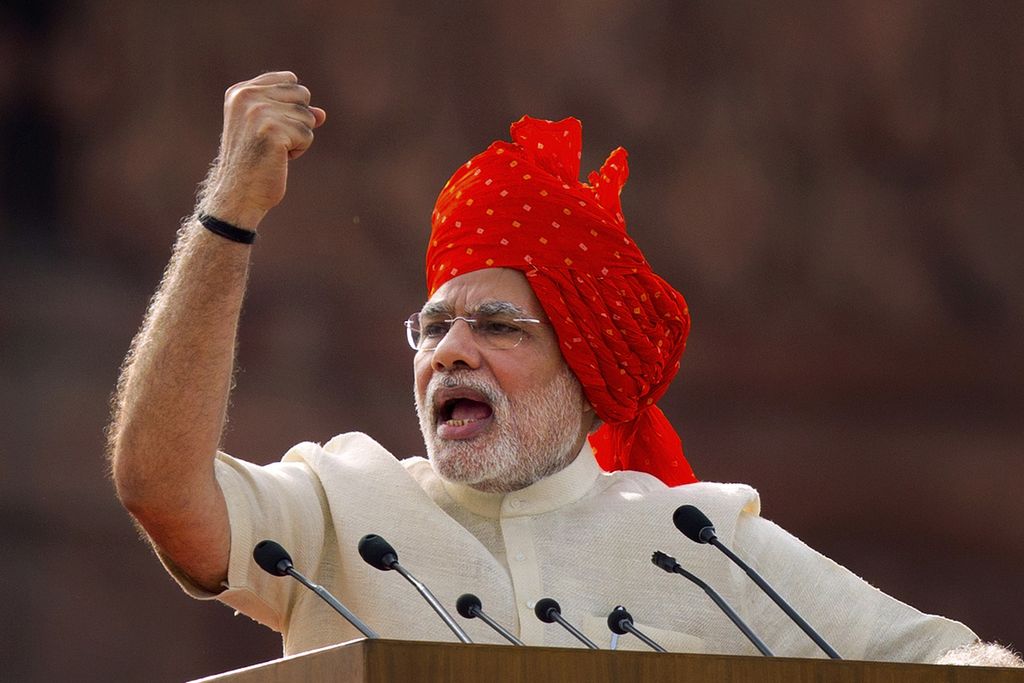 Perdana Menteri India Narendra Modi berpidato pada peringatan Hari Kemerdekaan India di New Delhi, India, 15 Agustus 2014. 