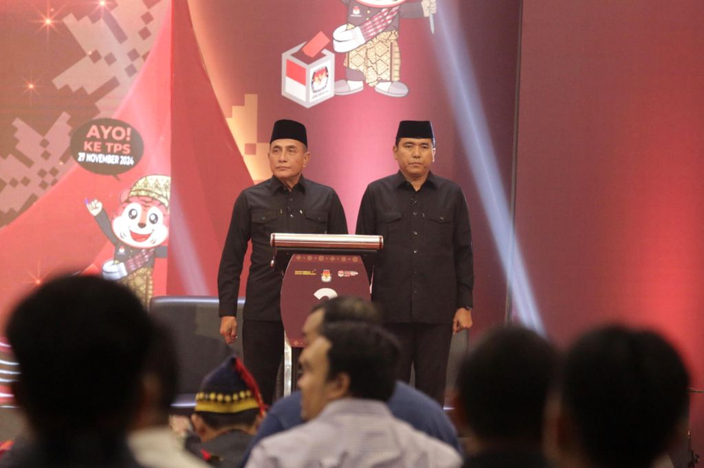 Pasangan nomor urut 2, Edy Rahmayadi-Hasan Basri Sagala, hadir dalam debat ketiga pilkada Sumut di Kota Medan, Rabu (13/11/2024).