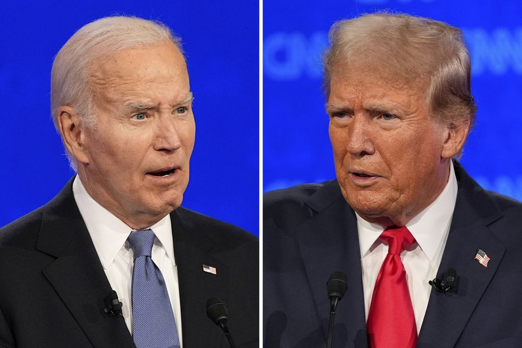 Presiden AS Joe Biden (kiri) dari Partai Demokrat dan mantan Presiden AS Donald Trump (kanan) dari Partai Republik saat sedang adu debat yang diadakan televisi CNN, Kamis (27/6/2024), di Atlanta, AS. 