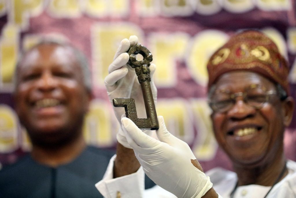 Historical Nigerian artifacts returned by Germany are exhibited at the Nigerian Ministry of Foreign Affairs, Abuja, 20 December 2022.