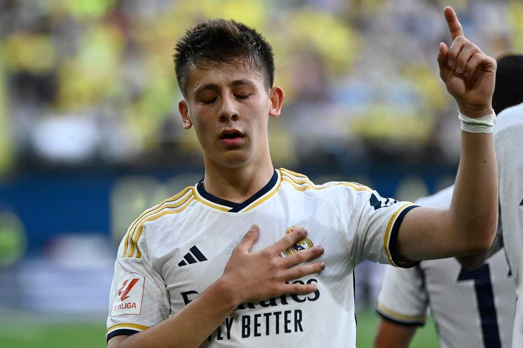 Real Madrid player Arda Guler celebrated his goal against Villarreal at the La Ceramica Stadium in Villarreal, Spain, on Sunday (19/5/2024). The match ended in a 4-4 draw.