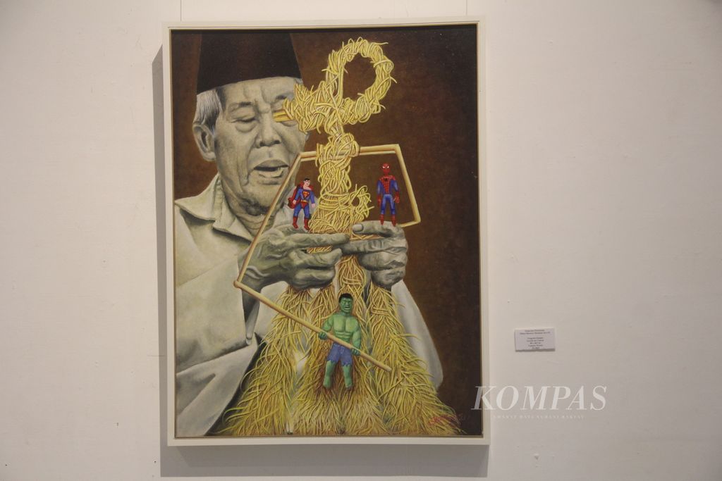 Lukisan berjudul Tergerus Zaman karya Yantoto Warno ditampilkan dalam pameran Mikul Duwur Mendhem Jero #2: Pertemuan, Jumat (15/9/2023), di Bentara Budaya Yogyakarta, Kota Yogyakarta. 