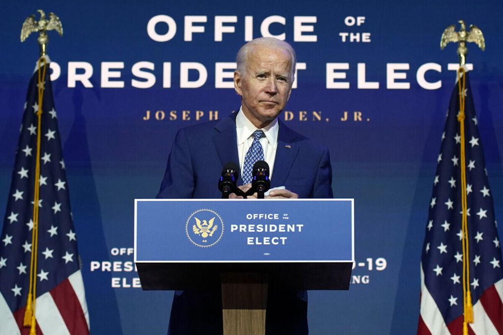 Foto arsip per 9 November 2020 ini menunjukkan Presiden Amerika Serikat terpilih Joe Biden berbicara di Wilmington, Delaware, Carolina Utara, Amerika Serikat. (AP Photo/Carolyn Kaster, File)