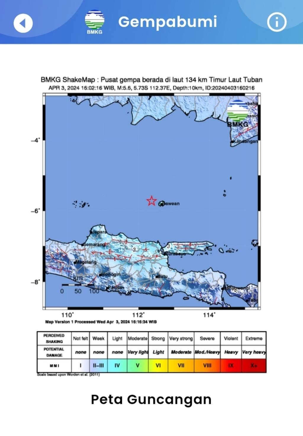 Tangkapan layar pada aplikasi resmi BMKG memperlihatkan gempa tektonik di Laut Jawa yang kembali mengguncang pada Rabu (3/4/2024). 