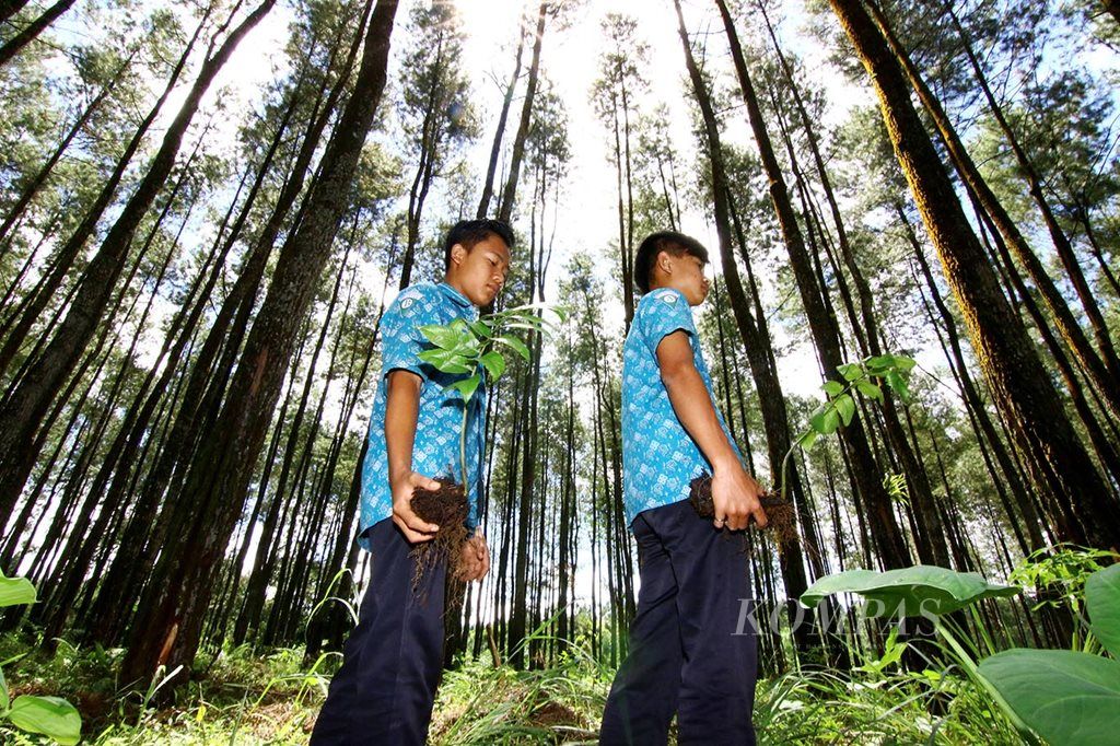 Para siswa bersiap menanam bibit pakis di Kawasan Pemanfaatan Wisata Hutan Songgon, Banyuwangi, Jawa Timur, Rabu (26/4). Perum Perhutani Kesatuan Pemangkuan Hutan Banyuwangi Barat telah bekerja sama bersama warga untuk membuka usaha berbasis ekowisata di lahan milik Perhutani tersebut. 