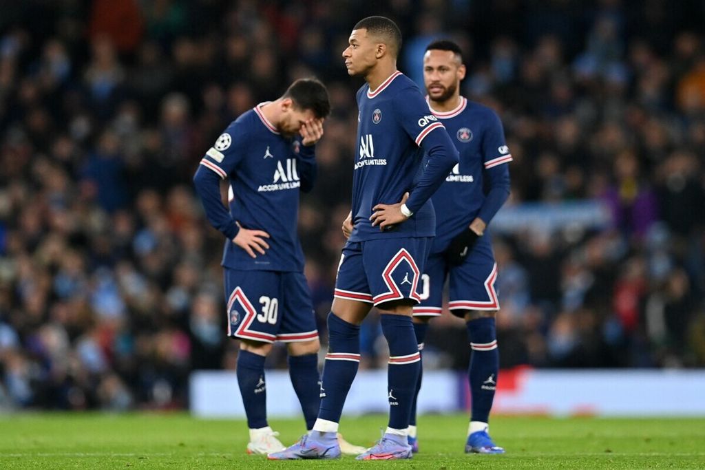 Three Paris Saint-Germain superstars, Lionel Messi (left), Kylian Mbappe (middle), and Neymar, during the Champions League match against Manchester City at Etihad Stadium, Manchester, England, on November 24, 2021. All of them failed to bring the dream title of Champions League to Paris.