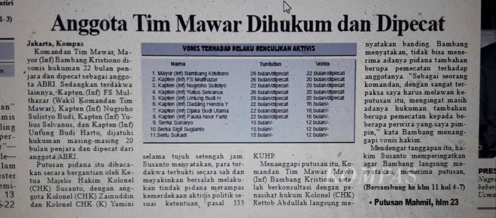 Berita di harian <i>Kompas </i>tanggal 7 April 1999 tentang anggota Tim Mawar yang dihukum dan dipecat Mahkamah Militer.