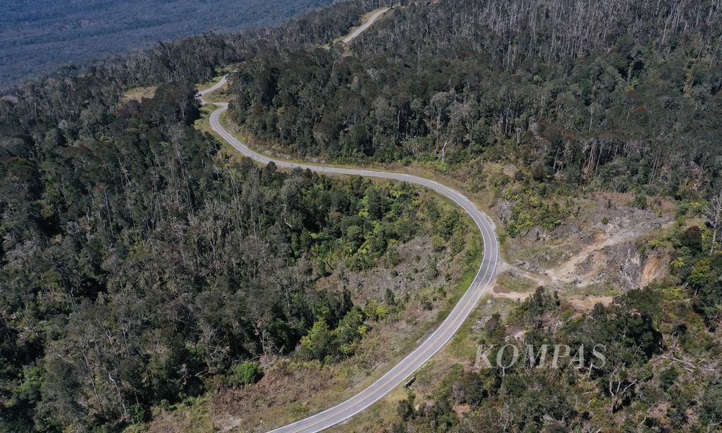 Jalan Trans Papua dengan hutan yang rusak oleh penebangan di Kabupaten Jayawijaya, Papua, Jumat (12/11/2021). 