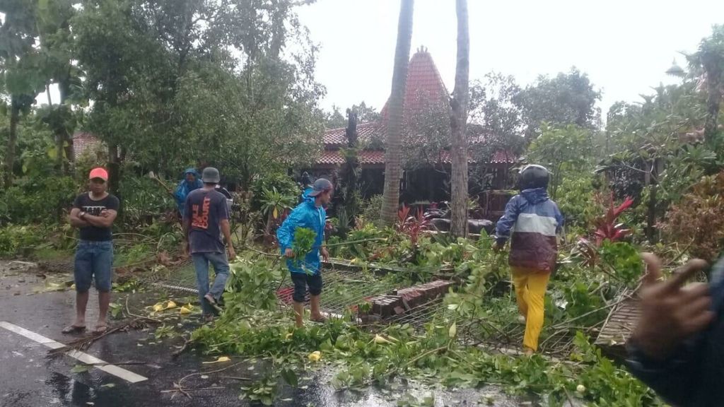 Sukarelawan bersama warga memebersihkan pohon-pohon yang tumbang di Kecamatan Borobudur, Kabupaten Magelang, Jawa Tengah, Rabu (9/1/2019). 