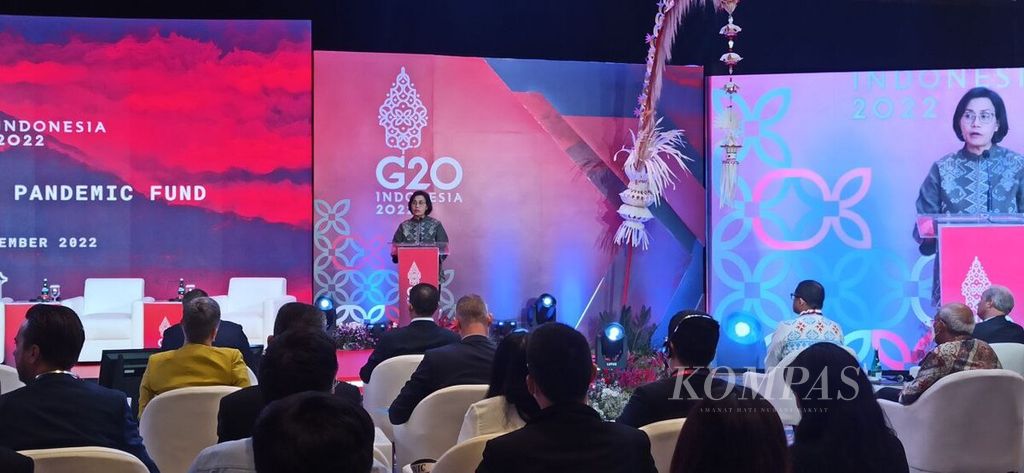 Minister of Finance Sri Mulyani Indrawati gave opening remarks at the launch of the Pandemic Fund in Nusa Dua, Bali, Sunday (11/13/2022).