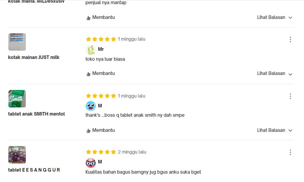 Testimoni yang diberikan menyesuaikan dengan nama produknya. Meski disebut kotak mainan anak atau tablet anak, padahal dari beberapa testimoni pembelinya yang diunggah adalah kemasan rokok.