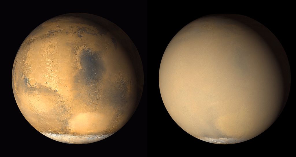 Citra Planet Mars yang diambil pada 2011. Citra kiri menunjukkan Planet Mars tanpa adanya badai debu global, sedangkan di sebelah kanan adalah citra Mars saat diselimuti badai debu dahsyat yang bisa berlangsung berbulan-bulan di seluruh planet.