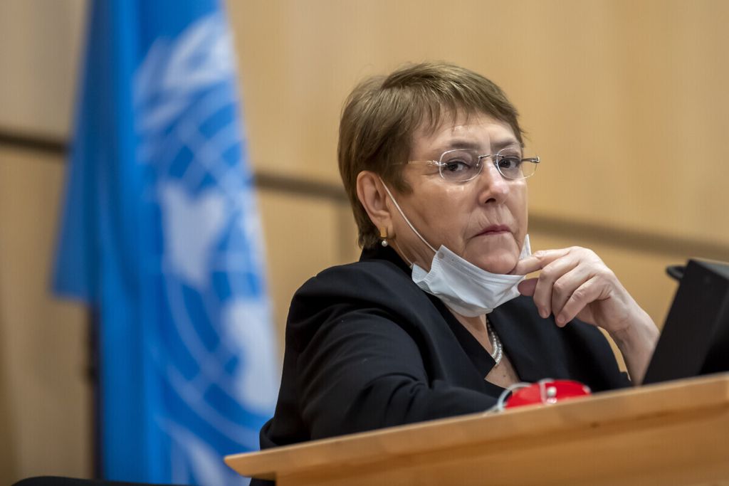 Komisioner Hak Asasi Manusia Perserikatan Bangsa-Bangsa Michelle Bachelet di Geneva, Swiss, ketika Sidang Dewan HAM PBB, Sabtu (17/6/2020).       