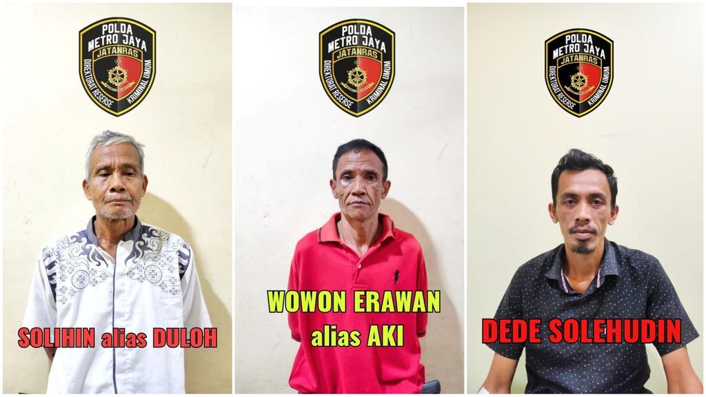Tiga tersangka penipuan dan pembunuhan berencana asal Cianjur yang ditahan polisi pertengahan Januari 2023. Dari kiri: Solihin alias Duloh (63), Wowon Erawan alias Aki (60), dan M Dede Solehudin (35).