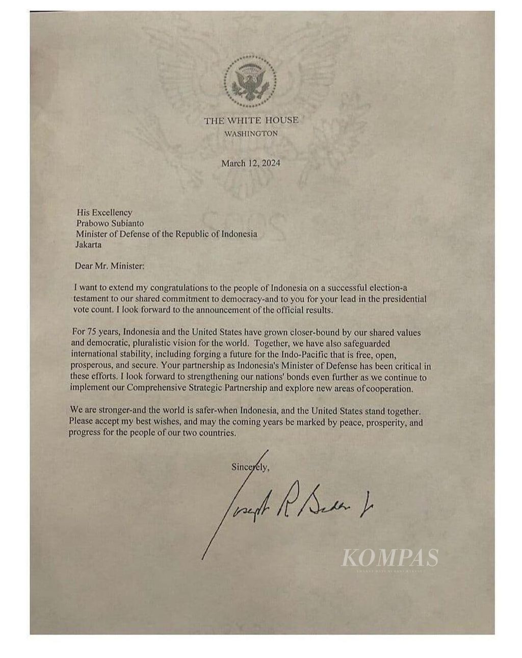 Salinan surat Presiden Amerika Serikat Joe Biden kepada Menteri Pertahanan RI Prabowo Subianto, Selasa (12/3/2024).