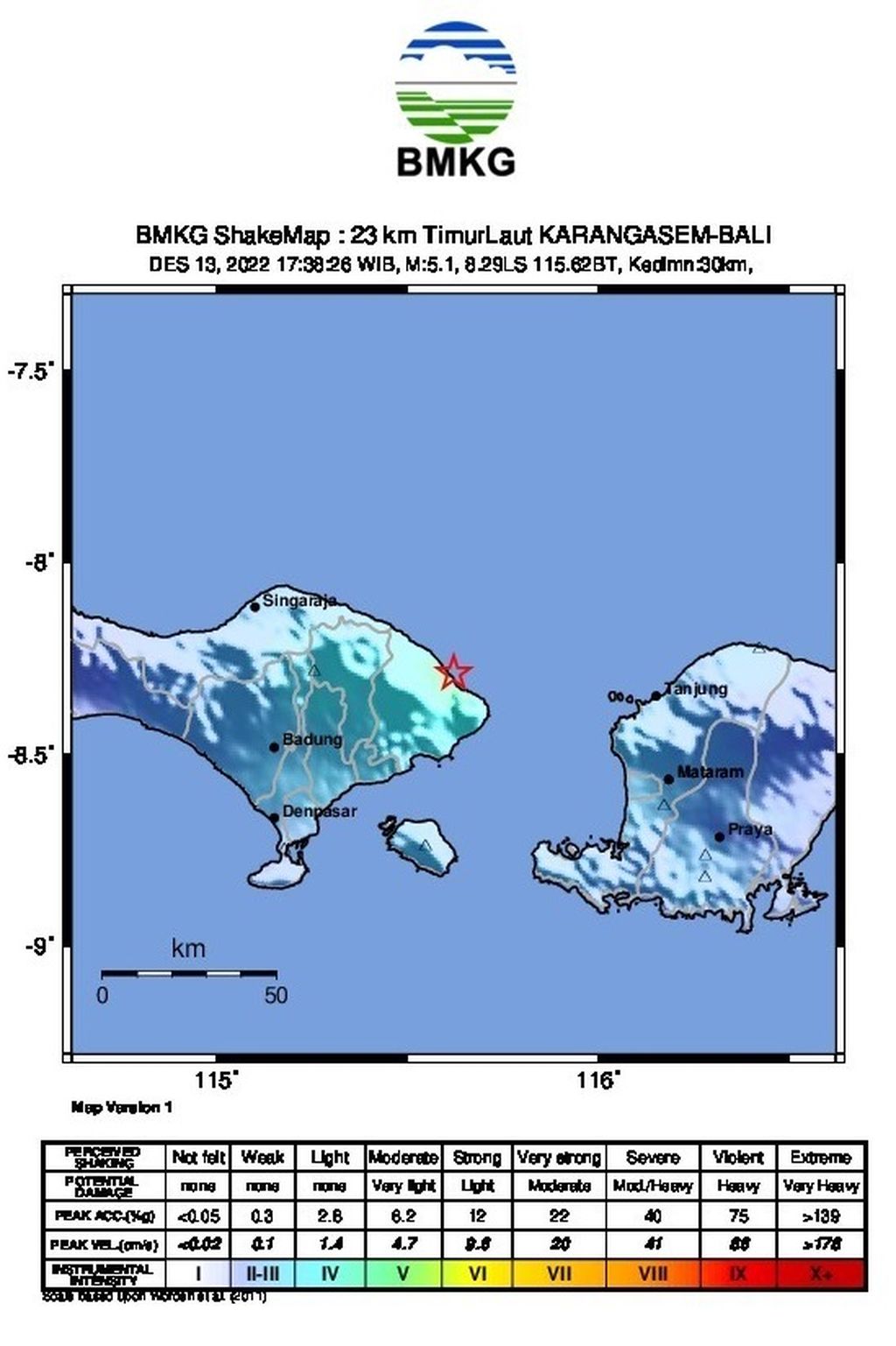 Data gempa bermagnitudo 5,2 yang mengguncang Karangasem, Bali, dan turut dirasakan hingga Lombok, NTB.