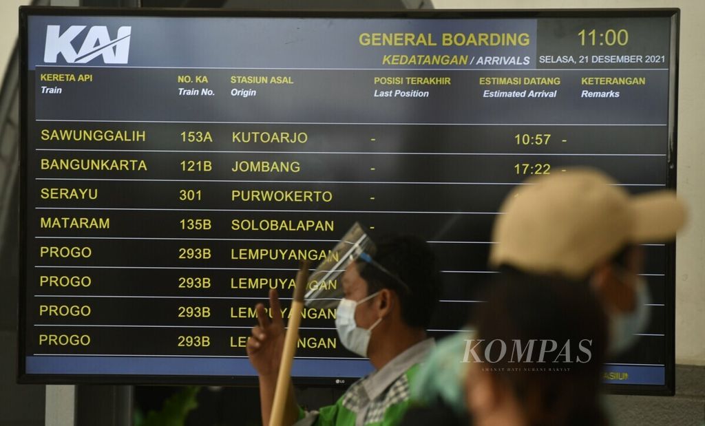 Layar elektronik menayangkan jadwal kedatangan kereta api di Stasiun Pasar Senen, Jakarta, Selasa (21/12/2021). 
