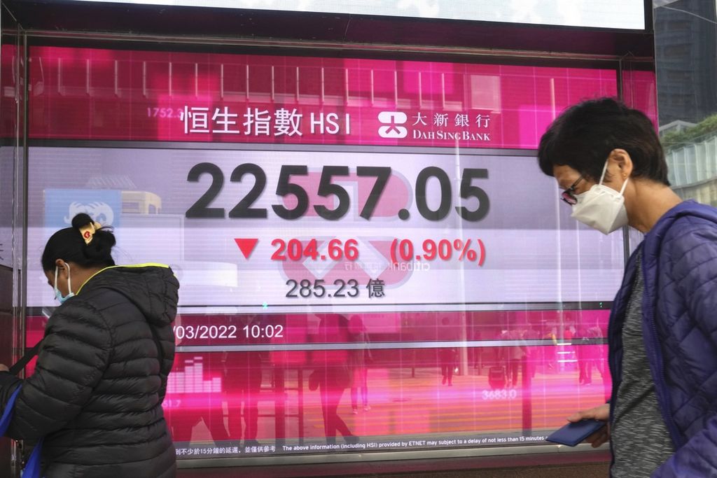 Orang-orang melintas di dekat papan elektronik sebuah bank di Hong Kong yang memperlihatkan indeks harga saham Hong Kong, 2 Maret 2022. 
