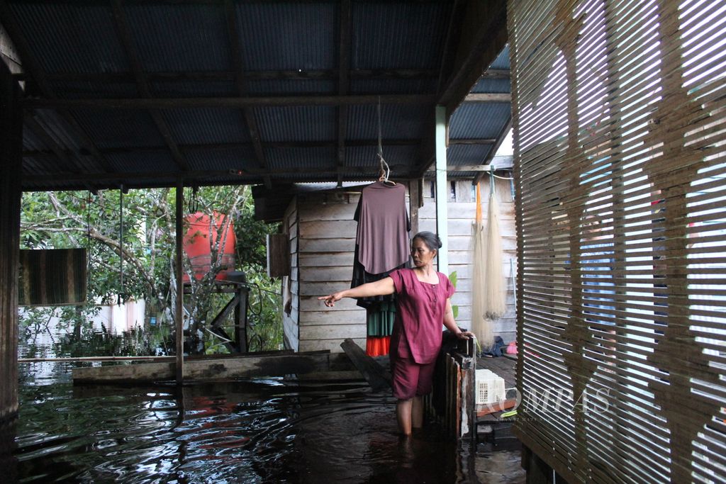 Nurhayati (46) menunjuk batas banjir yang lebih tinggi lagi di rumahnya Desa Dusun Jutuh, Kecamatan Dusun Selatan, Kabupaten Barito Selatan, Kalimantan Tengah, Rabu (24/1/2024). Banjir sudah melanda setidaknya empat hari di wilayah tersebut, Nurhayati dan keluarga mengungsi ke pinggir jalan membuat pondok darurat untuk menghindari banjir sambil menunggu air surut.
