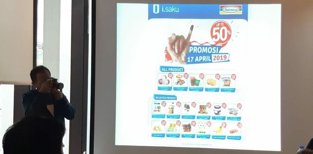 Salah satu contoh tampilan tawaran potongan harga atau diskon dalam program Klingking Fun untuk meningkatkan partisipasi pemilih dalam Pemilu 2019 di Jakarta, Senin (15/4/2019).