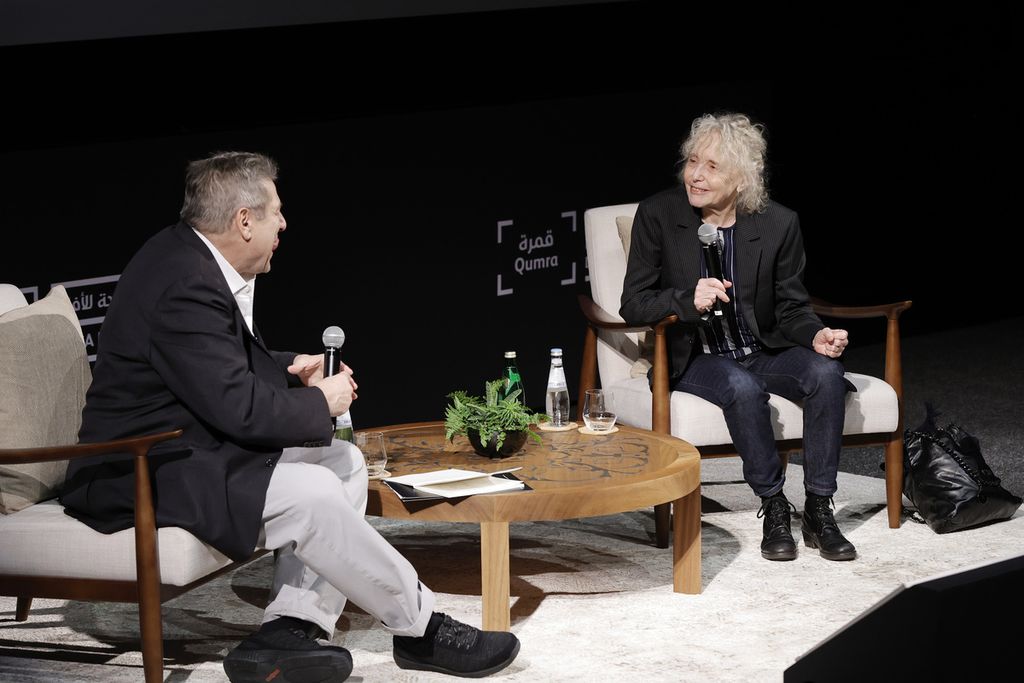 Richard Pena (left) leads a Qumra Masterclass session with French director, Claire Denis, at the Museum of Islamic Arts in Doha, Qatar on March 2, 2024.