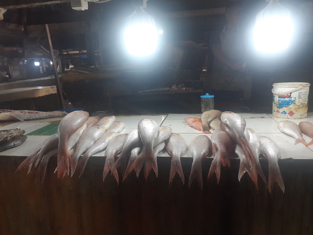 Kondisi ikan yang dijual di Pasar Kasih Naikoten, Kota Kupang, Nusa Tenggara Timur, pada Rabu (4/1/2023). Cuaca buruk menyebabkan pasokan ikan dari nelayan terhenti.