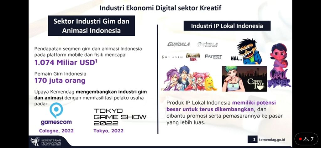 Tangkapan layar pemaparan data industri ekonomi digital sektor kreatif dalam acara Business Matching dan Seminar Produk Kekayaan Intelektual Lokal beserta salah satu peserta pameran secara hibrida di Jakarta, Rabu (21/12/2022).