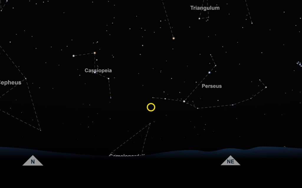 Animasi hujan meteor Perseids yang memancar dari radian Perseids (lingkaran kuning) dilihat dari Jakarta pada Sabtu (12/8/2023) sekitar 02.00 WIB.