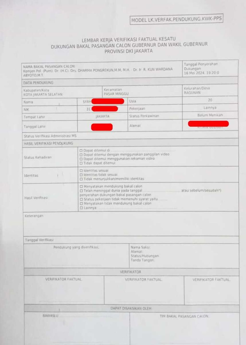 Surat verifikasi yang menyatakan anak Daelami (59) sebagai pendukung bakal calon gubernur dan wakil gubernur Dharma Pongrekun-Kun Wardana.