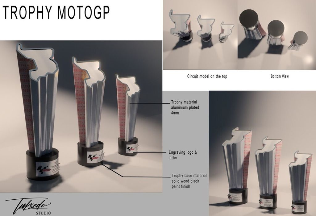 Arsip Tuksedo Studio menampilkan gambar desain trofi untuk kejuaraan dunia Motor Grand Prix di Sirkuit Internasional Jalan Raya Pertamina Mandalika, Nusa Tenggara Barat, yang digelar 18-20 Maret 2022. 