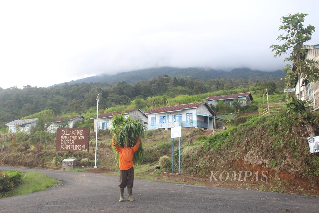 Seorang warga mengangkat rumput di Kampung Empat, Kecamatan Dempo Selatan, Kota Pagar Alam, Sumatera selatan, Jumat (20/12/2019). Kawasan ini berbatasan langsung dengan Hutan Lindung Bukit Dingin yang berada dekat dengan kawasan hutan lindung.