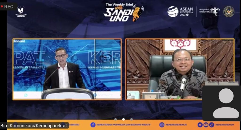 Tangkapan layar dari acara The Weekly Brief with Sandi Uno yang dihadiri Gubernur Bali Wayan Koster secara daring, Senin (4/9/2023).