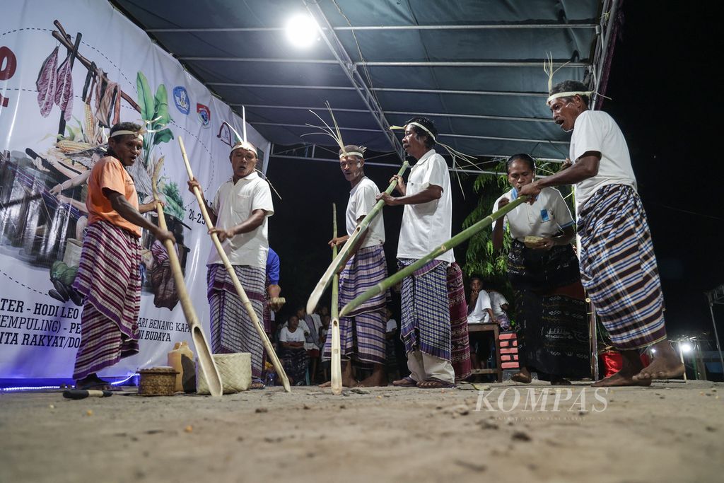 Warga Dusun Lamamanu membawakan tutu koda memulai musim tanam saat festival budaya Tani Tenane Fule Penete di Desa Lamalera A, Lembata, Nusa Tenggara Timur, Selasa (21/11/2023). 