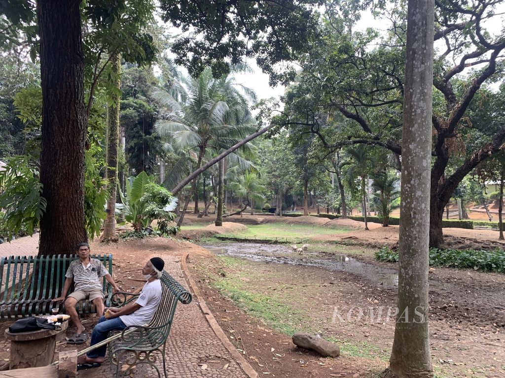 Aktivitas sejumlah pengunjung di Taman Langsat, Kramat Pela, Jakarta Selatan, Kamis (7/9/2023). Sebagian sisi taman ini mengering, seperti area rumput serta danaunya.
