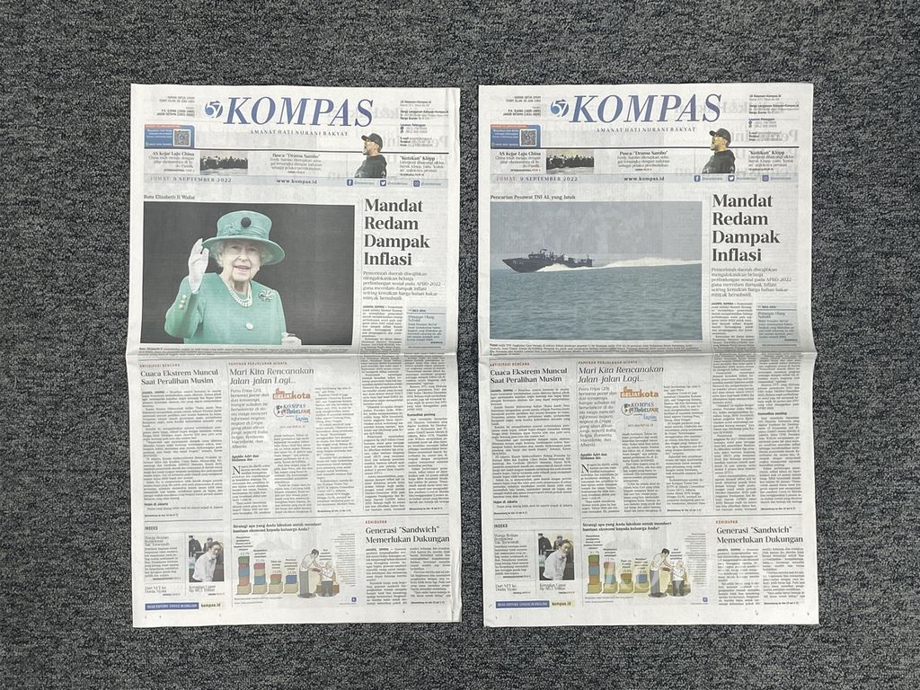 Dua versi koran <i>Kompas</i> edisi 9 September 2022.
