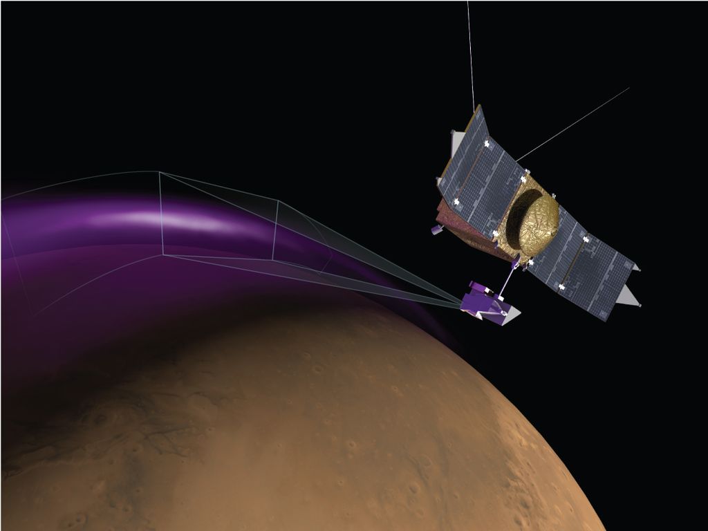 Konsep artis tentang aurora di Mars yang tertangkap melalui peranti Imaging Ultraviolet Spectograph (IUVS) yang ada di wahana pengorbit milik Badan Penerbangan dan Antariksa Nasional Amerika Serikat (NASA) Maven.