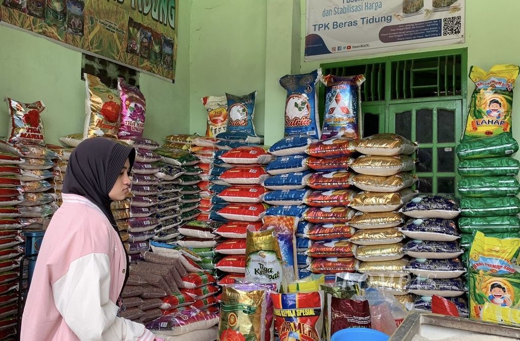 Seorang pedagang menunggui dagangan berasnya di salah satu toko beras di kawasan Kelurahan Mappala, Kecamatan Rappocini, Kota Makassar, Kamis (29/2/2014).
