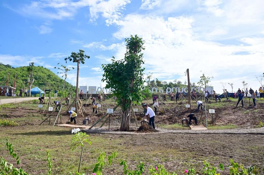 Menutup rangkaian kunjungan kerjanya, Presiden Joko Widodo melaksanakan penanaman pohon bersama masyarakat dan pelajar di Embung Anak Munting, Kabupaten Manggarai Barat, Provinsi Nusa Tenggara Timur, 5 Desember 2023.