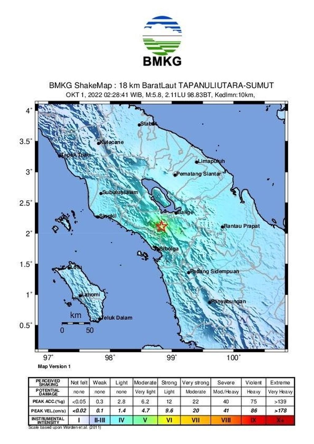 Gempa M 5,8 di Tapanuli Utara. Sumber: BMKG