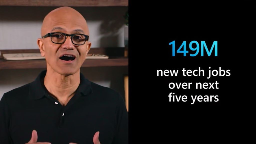 CEO Microsoft Satya Nadella mengatakan, dalam lima tahun ke depan, 149 juta lapangan kerja baru yang tercipta adalah pekerjaan pada bidang teknologi, dalam peluncuran inisiatif pelatihan gratis Microsoft yang digelar secara virtual pada Kamis (2/7/2020).