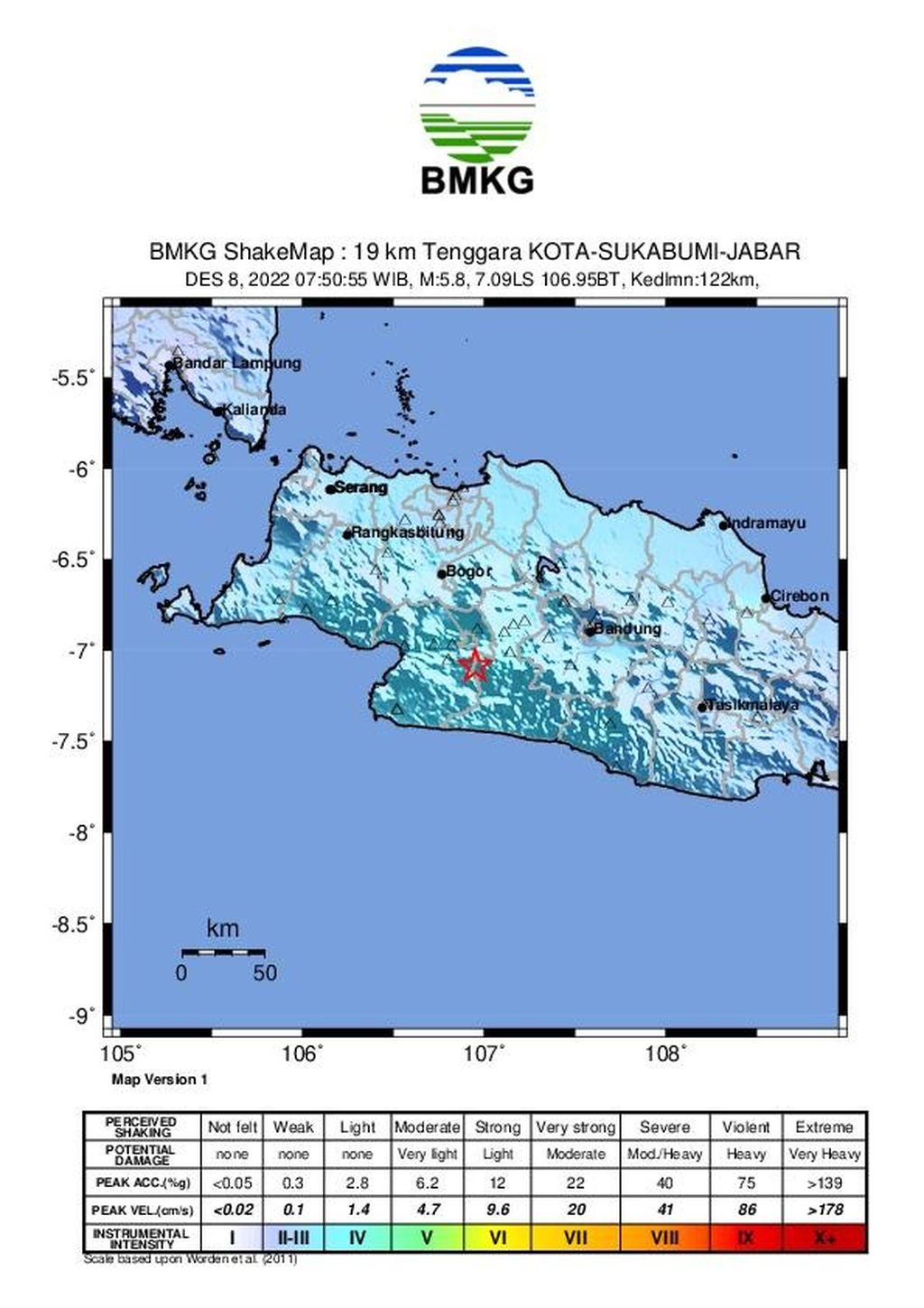 Gempa bumi berkekuatan M 5,8 mengguncang wilayah Sukabumi, Jawa Barat, dan sekitarnya pada Kamis (8/12/2022) pukul 07.50 