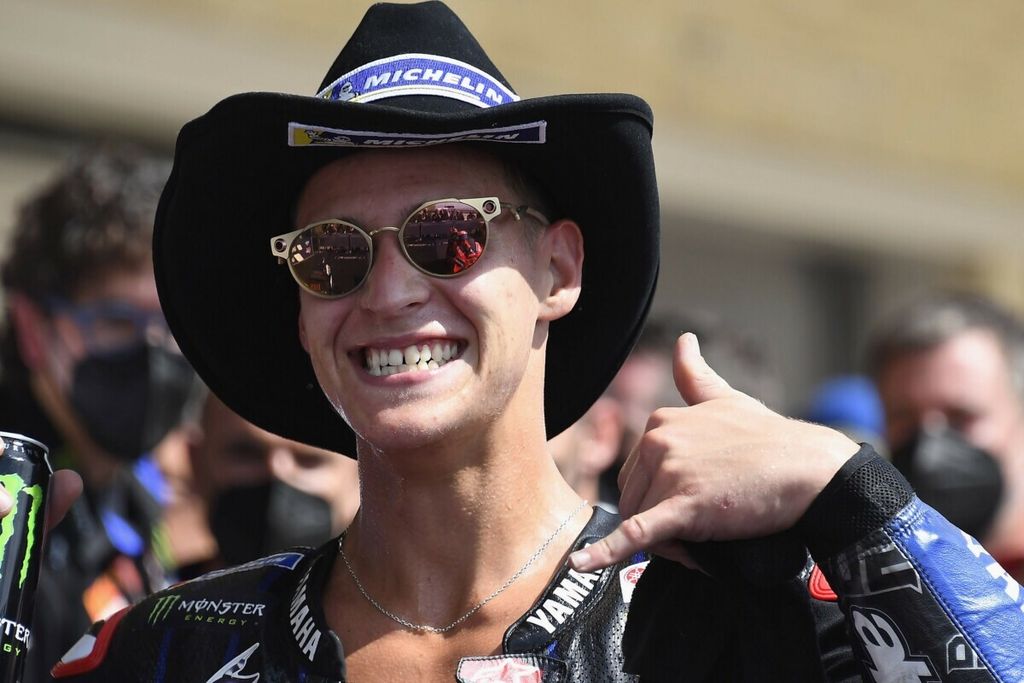 Reaksi Fabio Quartararo, pebalap tim Monster Energy Yamaha, seusai meraih posisi kedua balapan Grand Prix MotoGP Amerika di Austin, Texas, AS, 3 Oktober 2021.