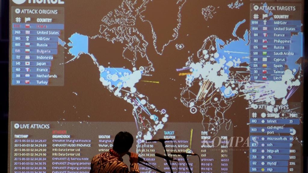 Peta secara <i>real time</i> yang menggambarkan serangan siber di sejumlah negara ditayangkan di layar pada pembukaan Simposium Nasional Keamanan Siber di Hotel Borobudur, Jakarta, 3 Juni 2015. 