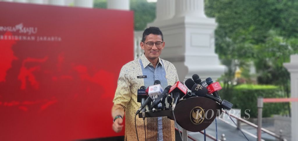Ketua Dewan Pakar Tim Pemenangan Ganjar-Mahfud Sandiaga Uno ditemui di Kompleks Istana Kepresidenan, Jakarta, Kamis (7/12/2023).